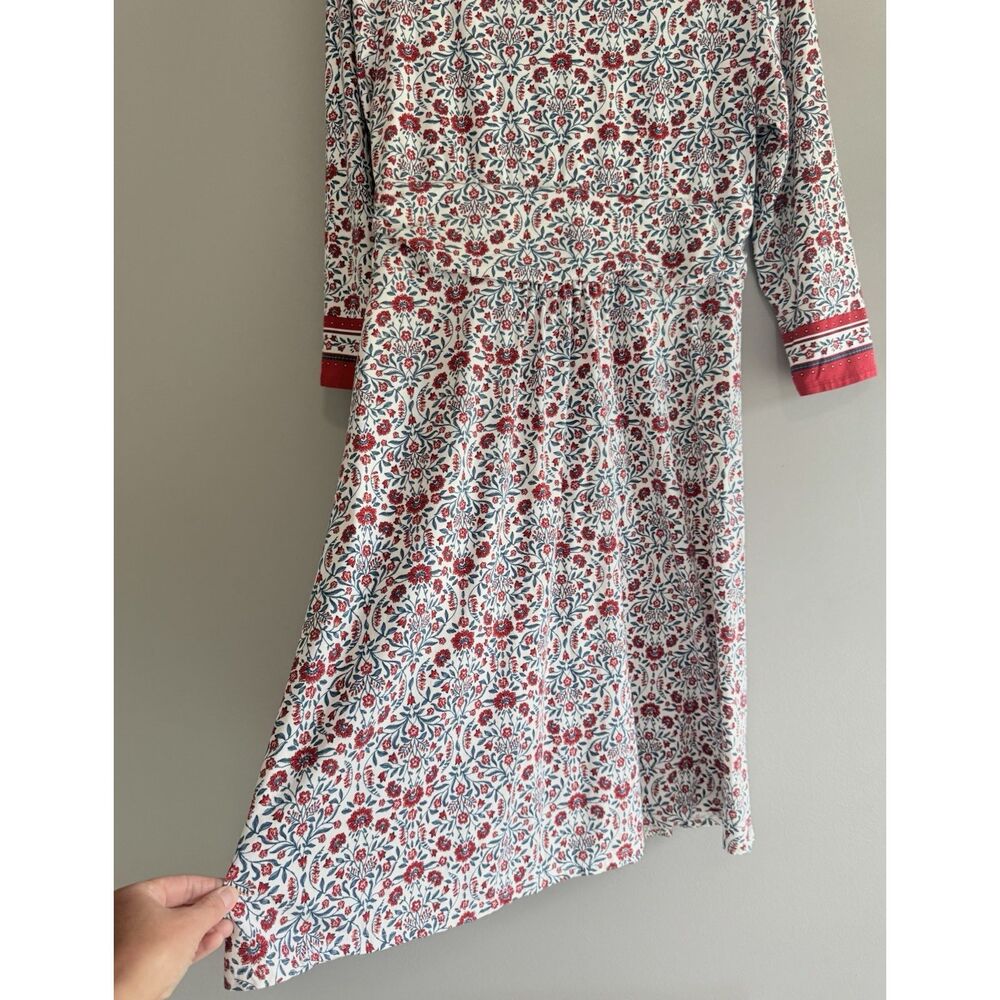 Lands End Floral Knit Dress V Neck Fit Flare Midi Cottage Stretch Red Navy Large - Picture 10 of 16